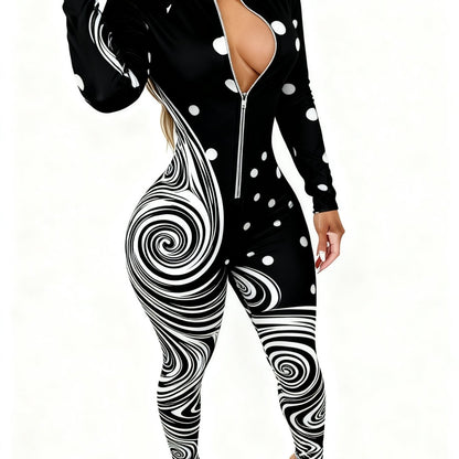 Women's Lightweight Full-Body Animal Print Jumpsuit - Zipper Front Long Sleeve Suit, Tight-Bodied One-Piece for All-Season Casual Wear, Machine Washable y Outfit ( Collar)