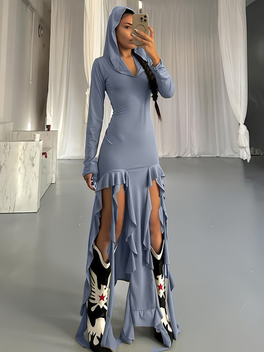 2024 New Trendy Ruffled Hem Long-Sleeve Hooded Irregular Dress for Women