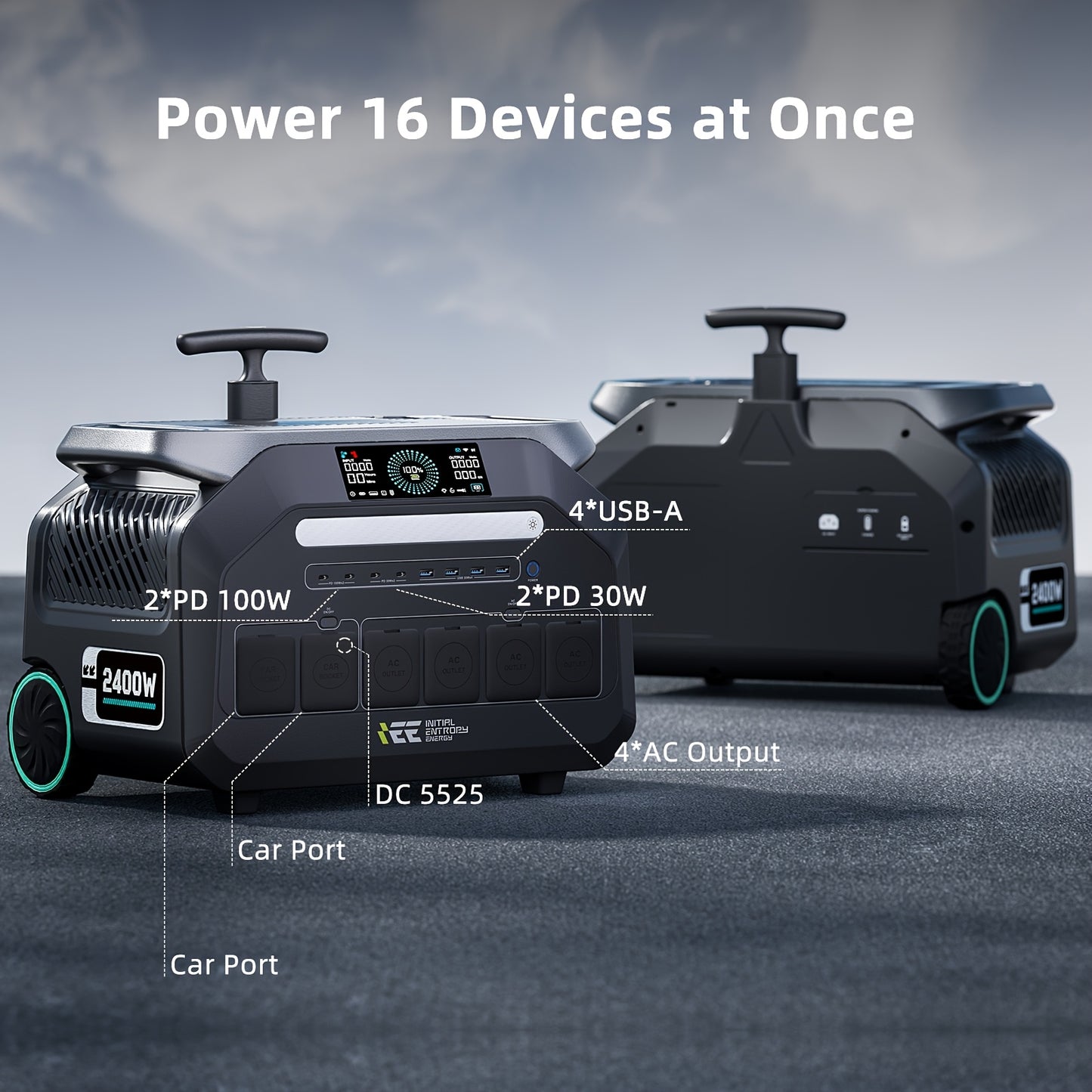 IEE 2400W (5000W Peak) Portable Power Station P2400 with 200W Solar Panels, 2048Wh Solar Generator, 1800W AC Charging, 4 AC Outlets, LiFePO4 Battery Power Station for Home Backup, RV, Emergencies, Plus A Bonus 30W Solar Panel