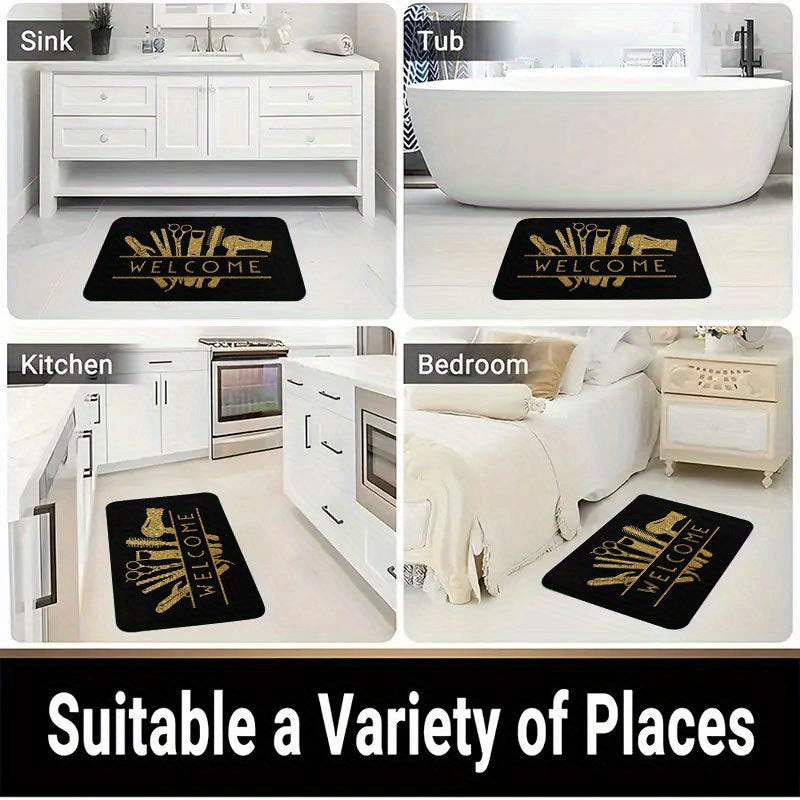 1pc Salon Barber Shop Mat - Anti-Slip Bathroom with Golden Hair Tools Design (Scissors, Comb, Boots), Extra Large Non-Slip Door Mat for Salon, Bathroom, Entryway - Machine Washable Heavy-Duty Rubber Base - Ideal Gift for Hair