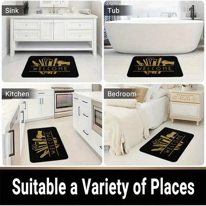 1pc Salon Barber Shop Mat - Anti-Slip Bathroom with Golden Hair Tools Design (Scissors, Comb, Boots), Extra Large Non-Slip Door Mat for Salon, Bathroom, Entryway - Machine Washable Heavy-Duty Rubber Base - Ideal Gift for Hair