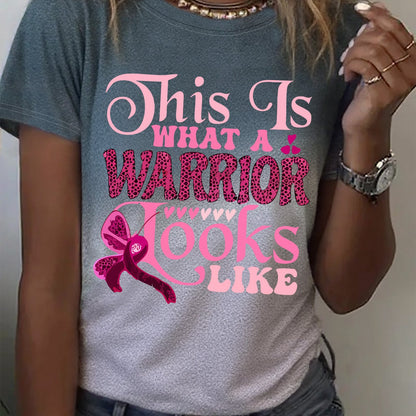 Women's Breast Cancer Awareness Graphic T-Shirt - "This Is What a Warrior Looks Like" Pink Ribbon Design, Short Sleeve Crew Neck Casual Top, Soft Breathable Fabric, Machine Washable, All-Season Comfort, Motivational Text Shir