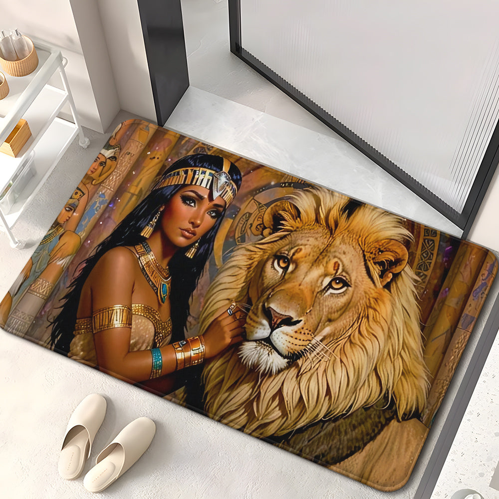 1pc Cleopatra and Lion Non-Slip Door Mat – Microfiber Absorbent, Machine Washable Polyester Rug with Egyptian Motifs, Perfect for Bathroom, Bedroom, Living Room