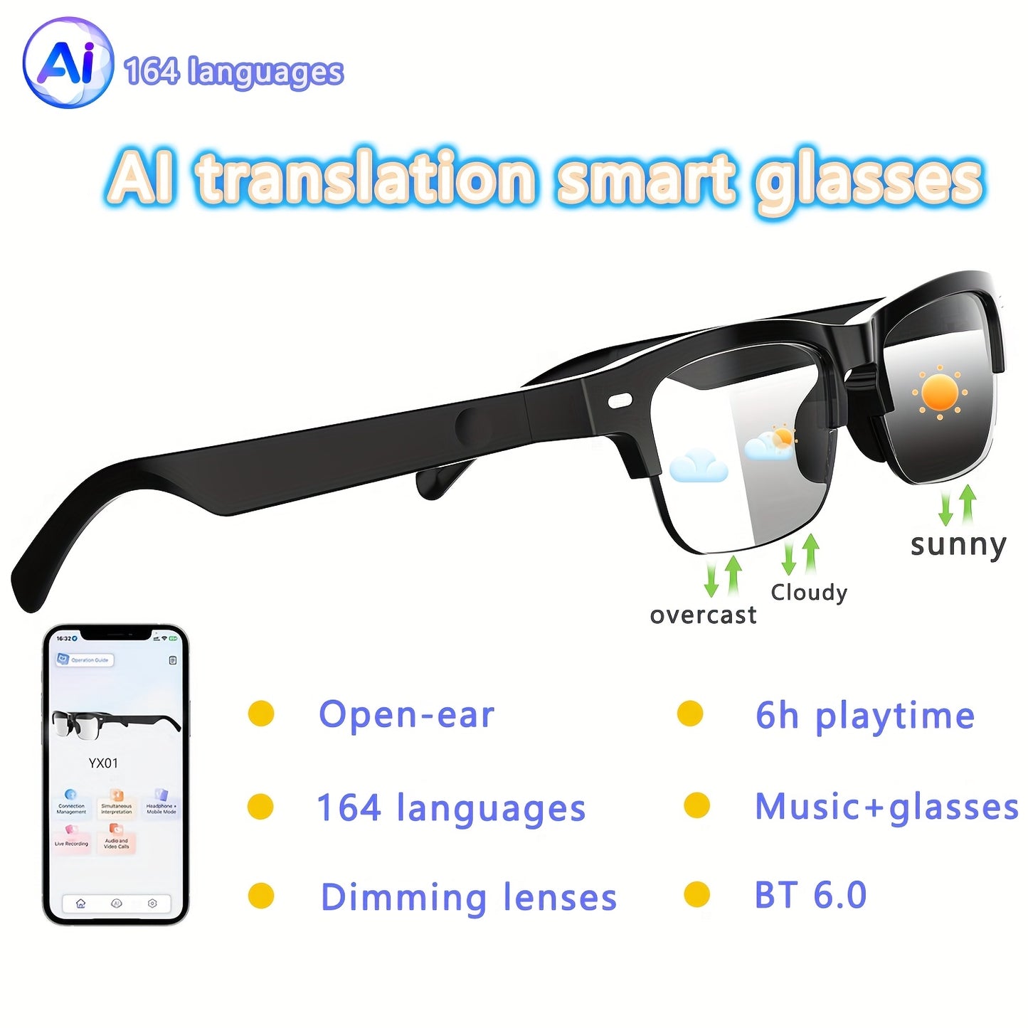 AI Smart Glasses with 160 Languages Real Time Translation Support, Chat GPT System, Multi-functional Audio Glasses for Men And Women, Built-in Microphone And Speaker, Calls Music Playback And Hands-Free Calling, Physical Colo