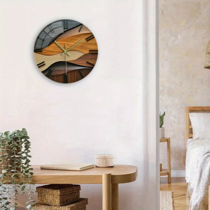 12-Inch Silent Modern Minimalist Wood Grain Wall Clock - Thickened Reinforced Glass Face, Japanese Automatic Movement, Battery-Powered (AA Battery Not Included) - Black/Beige/Brown Contemporary Round Design for Living Room, B