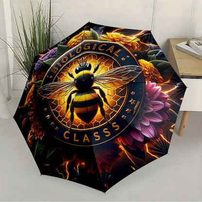 1pc Automatic Umbrella with Biological Class Print (Bee & Flower Design) - Automatic Opening/ Closing, 8-Rib Compact Canopy, Collapsible Portable for / - Unique Science-Themed Gift for Christmas, Birthdays & Everyday Use