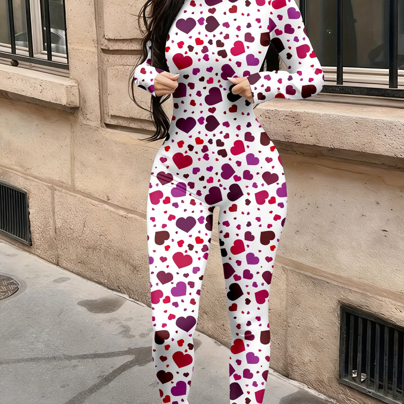 Autumn Women'S Trendy Printed Jumpsuit | Casual Fashionable Sexy Long Sleeved Tight Fitting Jumpsuit with Crew Neck, Geometric Pattern