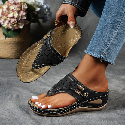 Women's Non-Slip Slip-On Flip Flops - Thick Cushioned midsole, Beige/Tan/Black/Blue/Grey/White/ - PU/Polyurethane Platform Sandals for Gym, Beach, Everyday - Lightweight & Durable Casual Shoes, Beach Footwear, Decorative Perf