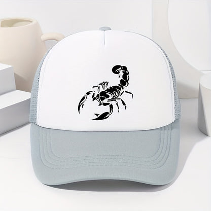 Unisex Scorpion Print Baseball Cap - Breathable Mesh Trucker Hat with Adjustable Fit for Outdoor Sports, Fishing & Casual Wear, Black with White Scorpion Design, Spring/Summer Collection, Spring Summer Cap | Stylish Headgear
