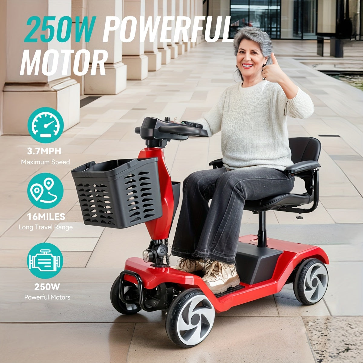 Foldable 4-Wheel Electric Scooter for Seniors with 16-Mile Range, 250W Motor & 15 km/h Speed - Heavy-Duty Metal Frame, LED Headlight & Removable Storage Basket, Lightweight Portable Design Fits in Car Trunk, All-Terrain Tires