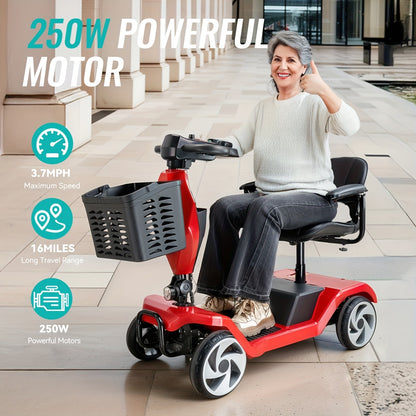 Foldable 4-Wheel Electric Scooter for Seniors with 16-Mile Range, 250W Motor & 15 km/h Speed - Heavy-Duty Metal Frame, LED Headlight & Removable Storage Basket, Lightweight Portable Design Fits in Car Trunk, All-Terrain Tires