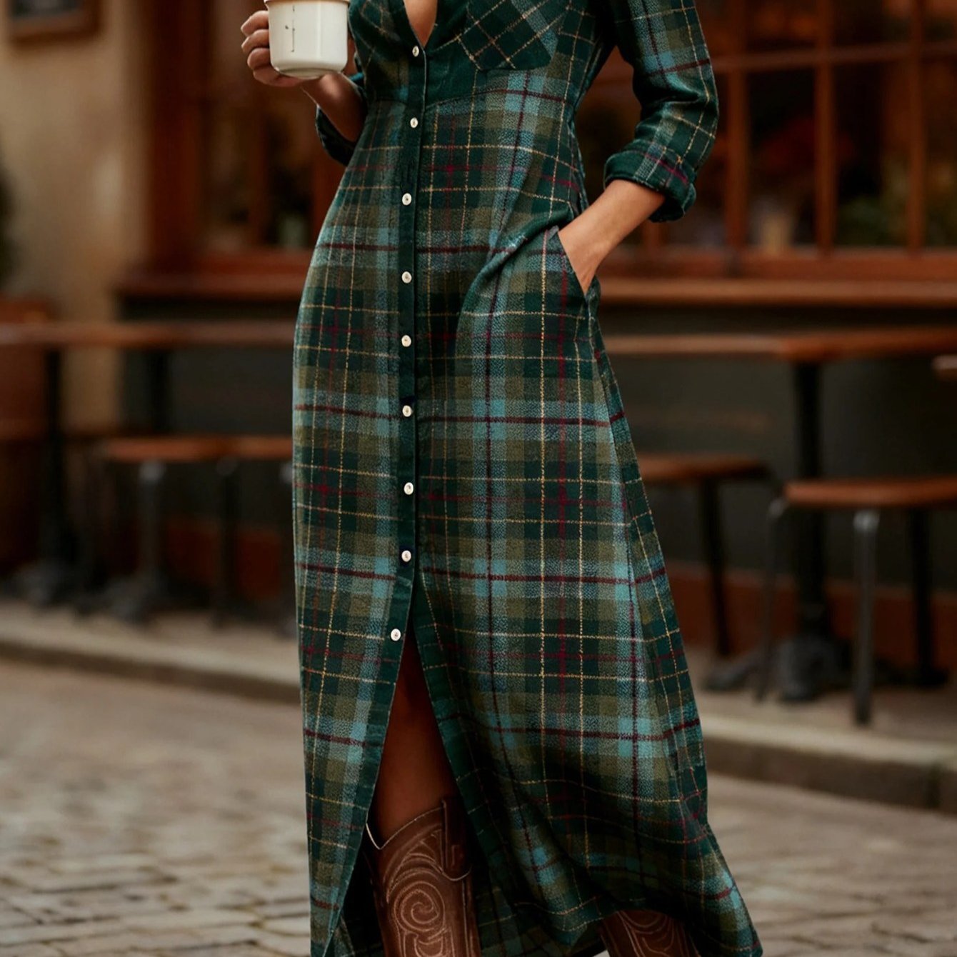 HERTALKA Fashionable Women's Dress with a Retro Checkered Long-sleeved Style