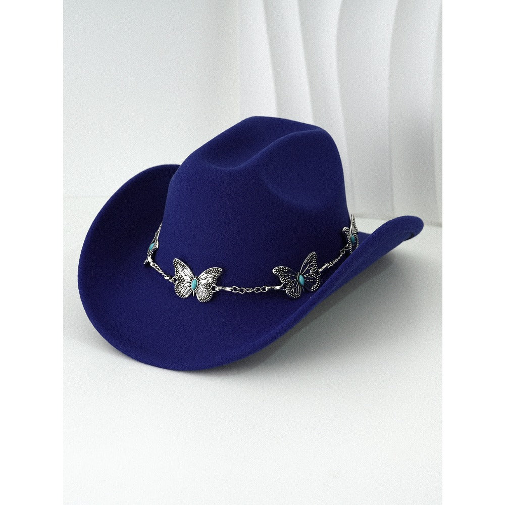 Women'S Bohemian Turquoise & White Cowboy Hat - Felt Wide Brim Sun Hat with Butterfly Metal Chain Accent, Non-Stretch Formal & Western Style for Christmas, Festivals, Casual Attire - Hand Washable Elegant Felt Cowboy Cap, Cow