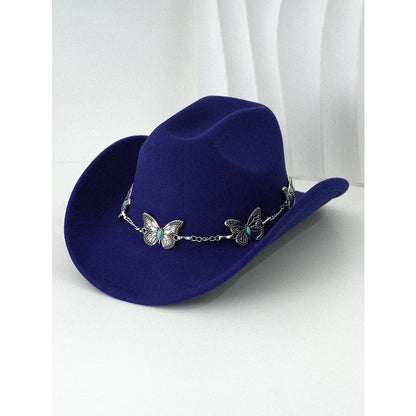 Women'S Bohemian Turquoise & White Cowboy Hat - Felt Wide Brim Sun Hat with Butterfly Metal Chain Accent, Non-Stretch Formal & Western Style for Christmas, Festivals, Casual Attire - Hand Washable Elegant Felt Cowboy Cap, Cow