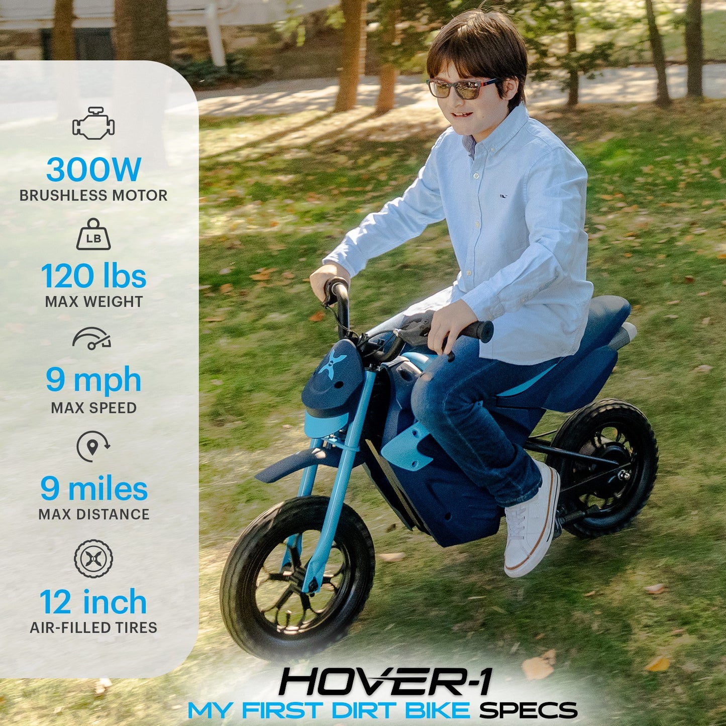 Hover-1 My First Dirt Bike for Kids - 300W Motor, 9MPH Max Speed, 9 Mile Range, 12" Off-Road Tires, 120LB Max Weight, Twist Grip Throttle & Rear Disc Brake Electric Dirt Bike for Kids Ages 5+ Years