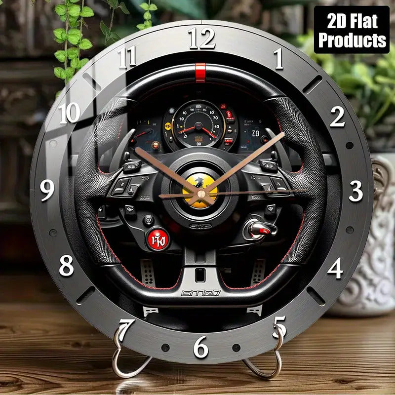 12-inch Modern Racing-Themed Steering Wheel Wall Clock - Silent Quartz Movement, Black & Red Accent Glass Face with White Hands, Battery-Powered (AA Not Included) - Unique Home Decor for Bedroom, Living Room, Garage, for Man