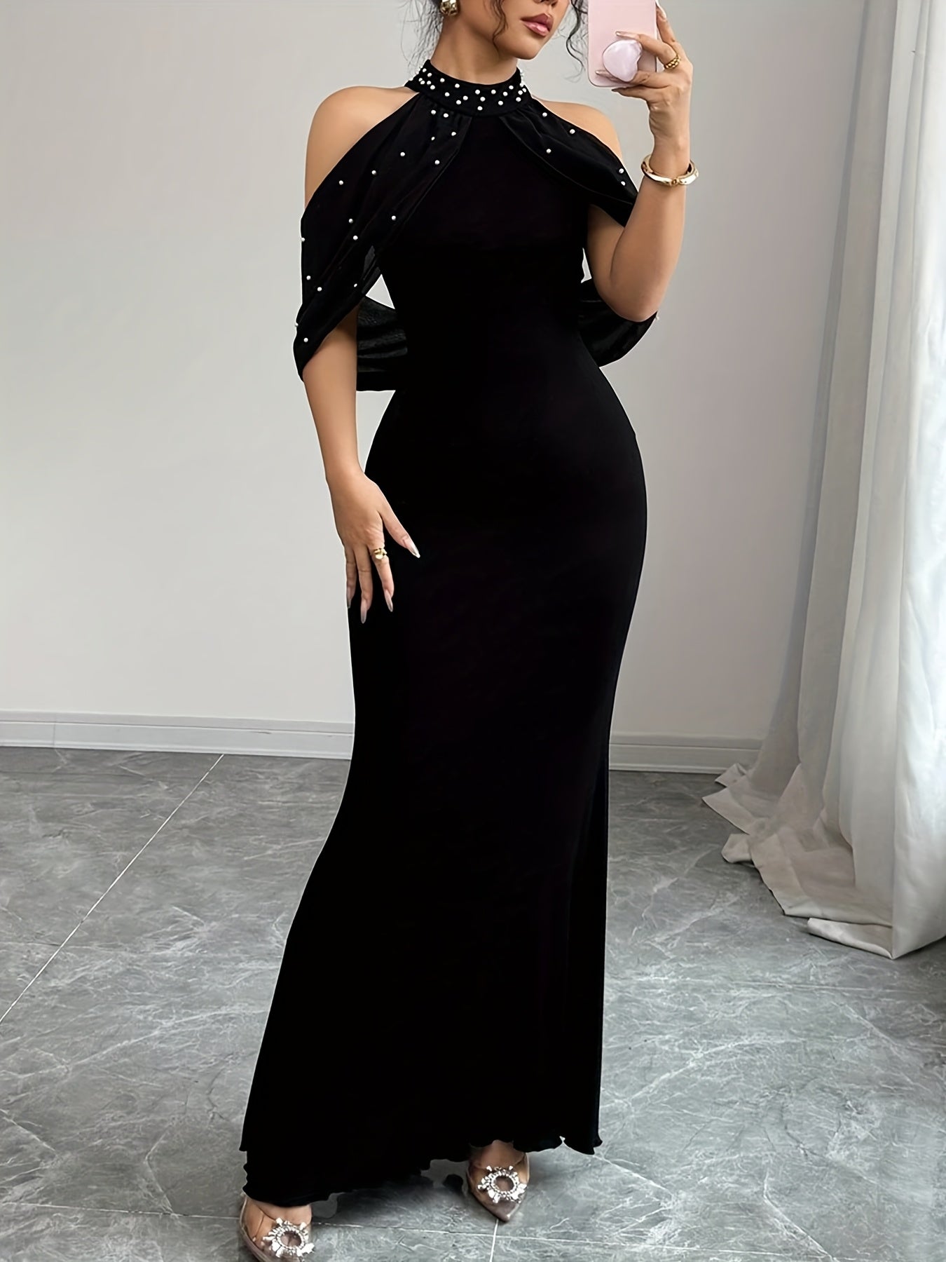 Women's Elegant Off-Shoulder/One-Shoulder Mermaid Dress with Beaded Asymmetrical Hem & Lantern Sleeves - Slim-Fit Formal Party Wedding Gala Gown, Machine Washable Black Evening Dress for all-Season wear