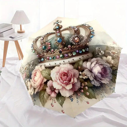 1pc Automatic Open/Close Umbrella with One-Touch Button, Compact Folding Canopy, Automatic  Umbrella with Umbrella Stand Compatible, Elegant Crown Floral Design (Pink/White/Blue/Golden) - Lightweight for Men & Women, 8-Rib St