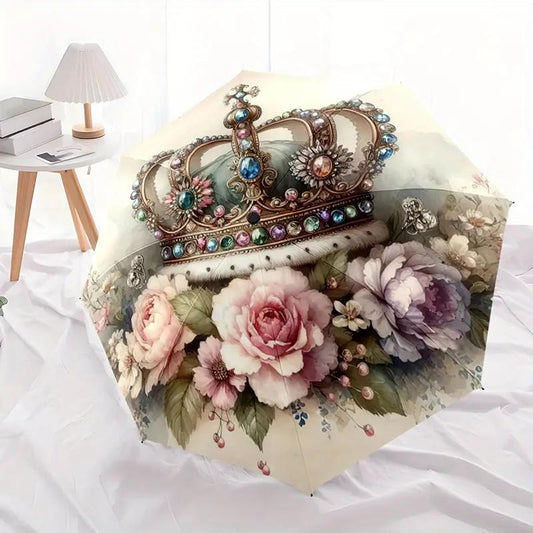 1pc Automatic Open/Close Umbrella with One-Touch Button, Compact Folding Canopy, Automatic  Umbrella with Umbrella Stand Compatible, Elegant Crown Floral Design (Pink/White/Blue/Golden) - Lightweight for Men & Women, 8-Rib St