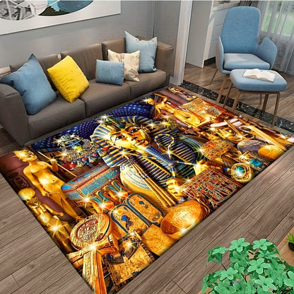 Egyptian Pharaoh-Inspired 3D Golden Area Mat - Machine Washable, Luxurious Velvet Decor for Living Room, Bedroom, Dorm | Ideal for Mother'S Day, Father'S Day, Graduation, Juneteenth, Independence Day, Rugs for Living Room