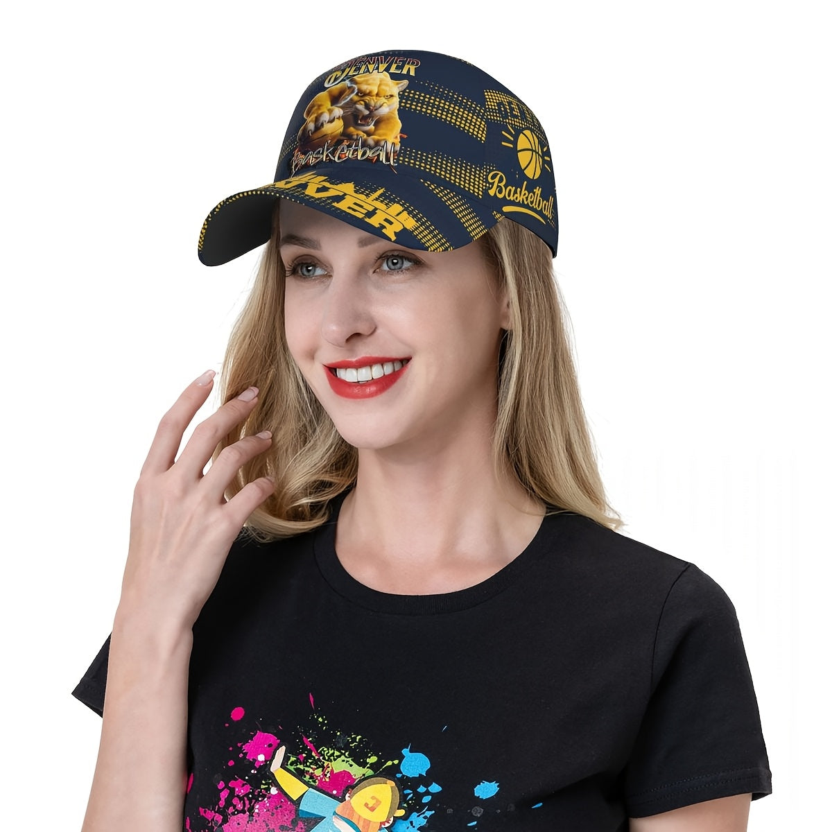 Trendy Structured Baseball Cap Featuring a Full-Print Design of a Golden Lion in a Basketball Style, Complemented by a Navy And Golden Polka Dot Stripe Texture