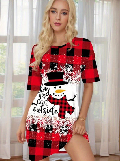 Red & Black Elegant Bohemian Plaid Dress with Snowman & Snowflake Print Women's All-Season Casual Sleepwear, Round Neck Short Sleeve A-Line Dress with Pockets, Comfortable Home Wear For Christmas, Halloween, Valentine'S Day -