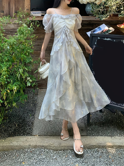 A Stylish Off-Shoulder Long Sleeve Dress for Women Featuring a Lavender Floral Pattern, Ruffle Collar, And A-Line Silhouette. Suitable for Both Formal And Casual Occasions, This Machine Washable Dress Is Perfect for Spring An