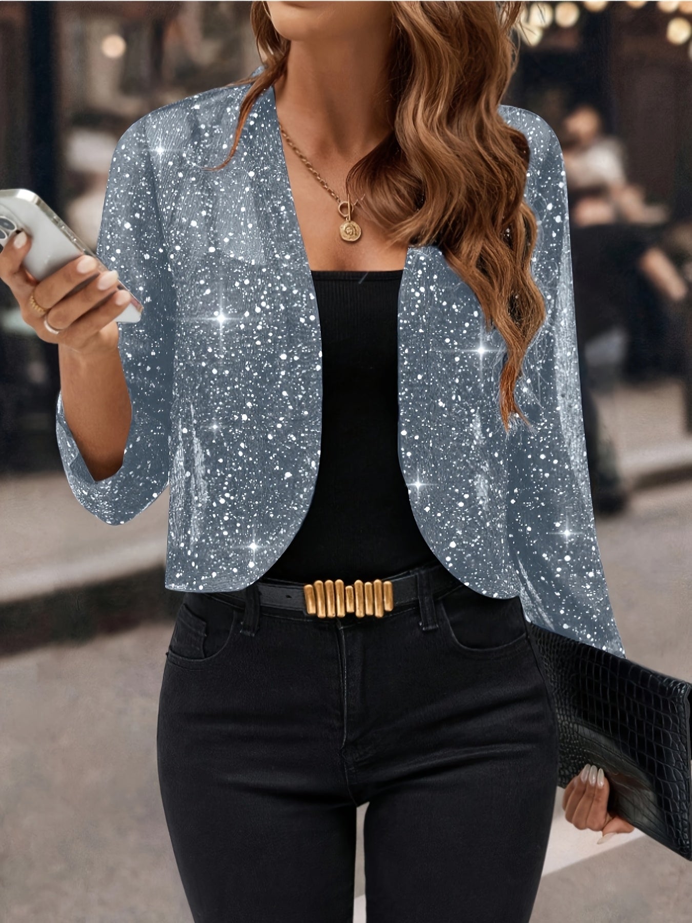 Women's Glitter Sequin - Golden Foil Pleated Fabric - Cardigan Jacket - 3/4 Sleeve Short Cropped Blazer for Business Casual