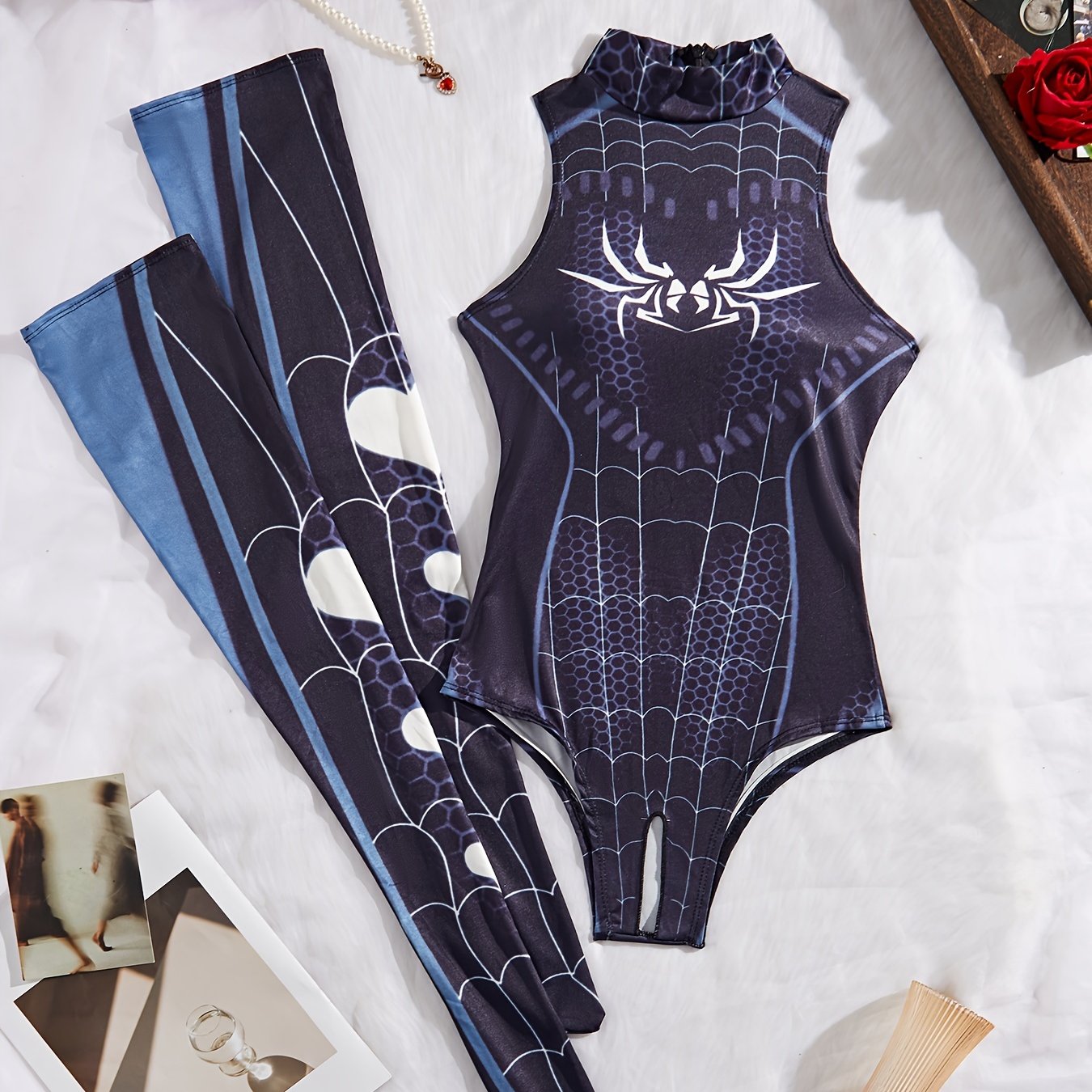 Spider-Themed Cosplay Costume Set - Sexy Lingerie Onesie & Socks with Web Pattern, Vibrant & Design, Perfect for Adult Cosplay Enthusiasts, Cosplay Outfit, Cosplay Lovers