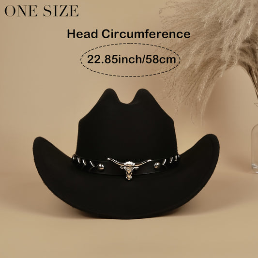 4pcs Vintage Western Cowboy Hats for Men and Women, Classic Minimalist Wide-Brimmed with Bull Head Rivet Embellishments - Perfect for Parties, Masquerade Balls, Horseback Riding Gifts (Black Hard Top Reinforced)