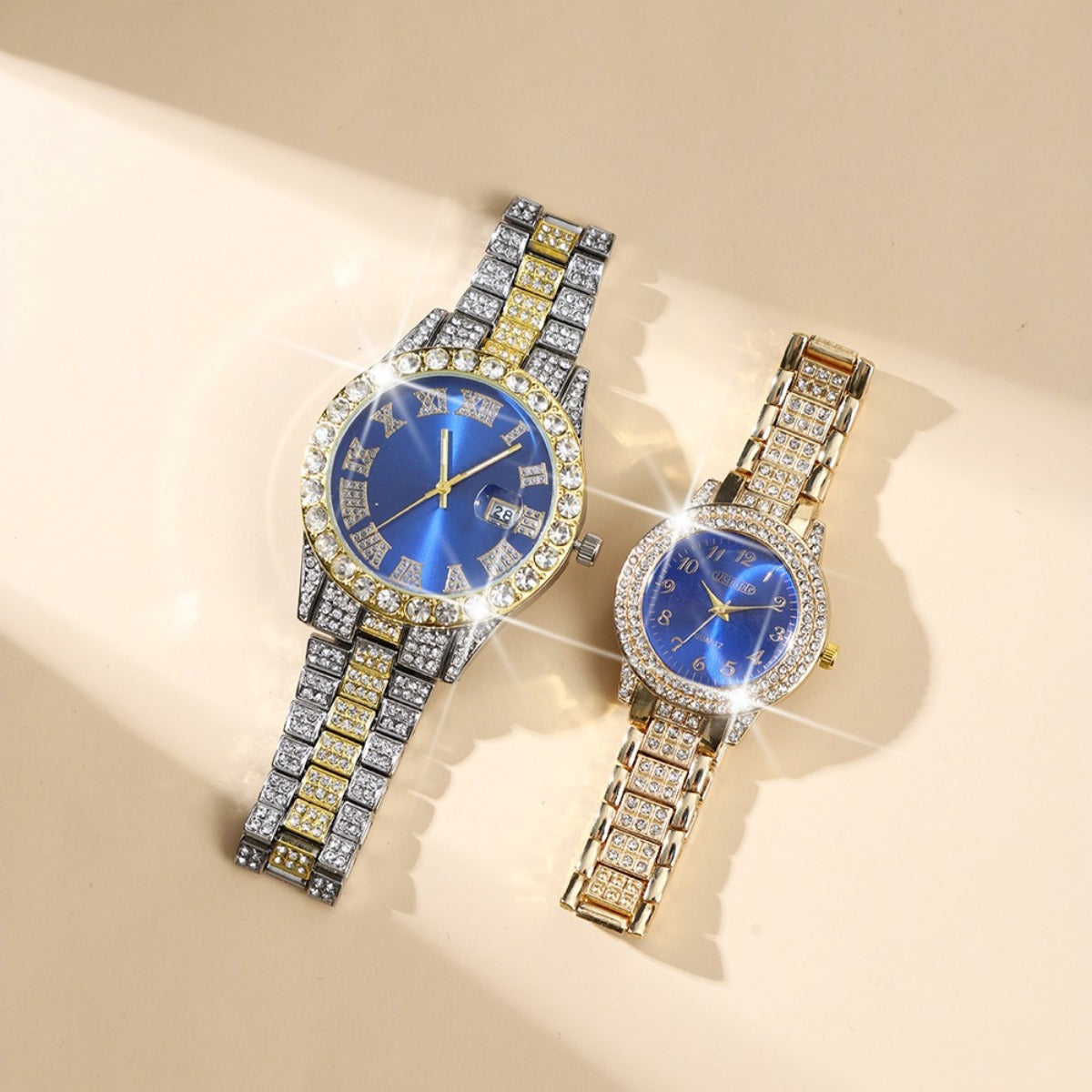 2pcs/ set, Couple Watches Sets, Luxury Rhinestone Setting Stainless Steel Strap Quartz Watches Analog Elegant Round Dial Design Wristwatch, Middle East, Ramadan Ideal Choice for Gifts.