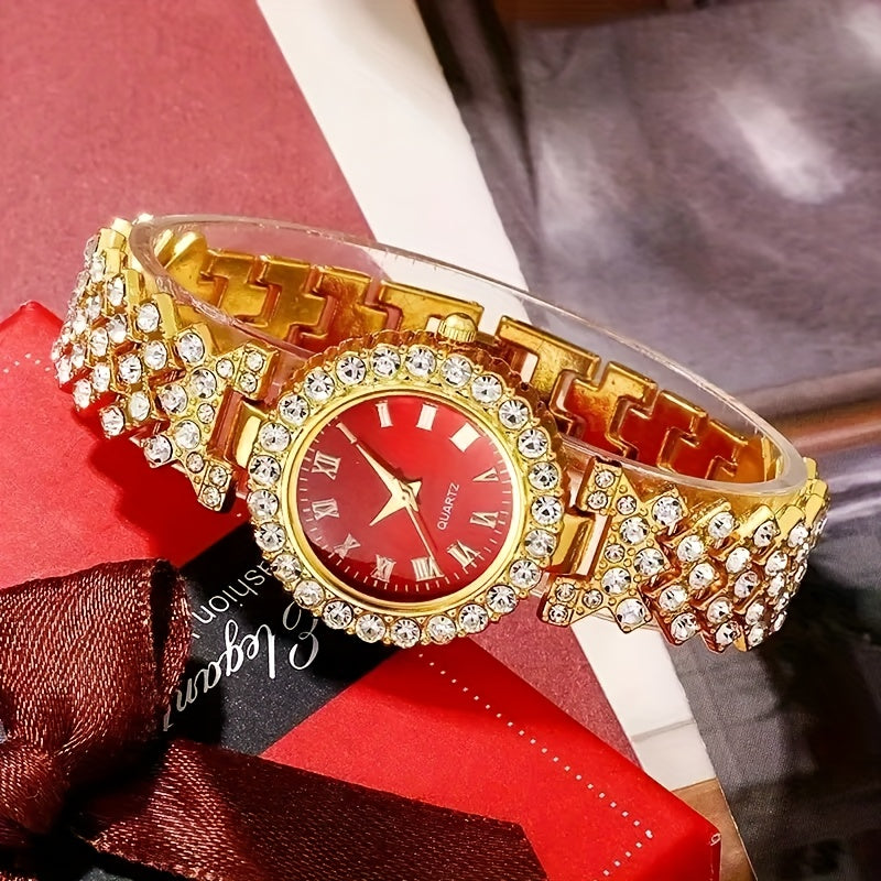 5pcs Golden Luxury Women'S Rhinestone Ring Necklace Earring And Wrist Watch Set, Elegant Ladies Bracelet Watches Jewelry Set, Jewelry for Women, Special for Party And Gifts, Lucky Gifts Holiday Presents are Exclusively Provid
