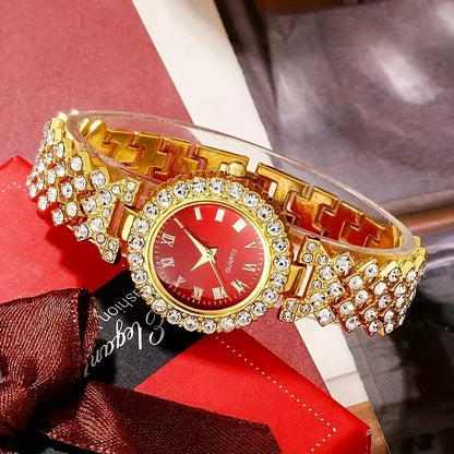 5pcs Golden Luxury Women'S Rhinestone Ring Necklace Earring And Wrist Watch Set, Elegant Ladies Bracelet Watches Jewelry Set, Jewelry for Women, Special for Party And Gifts, Lucky Gifts Holiday Presents are Exclusively Provid