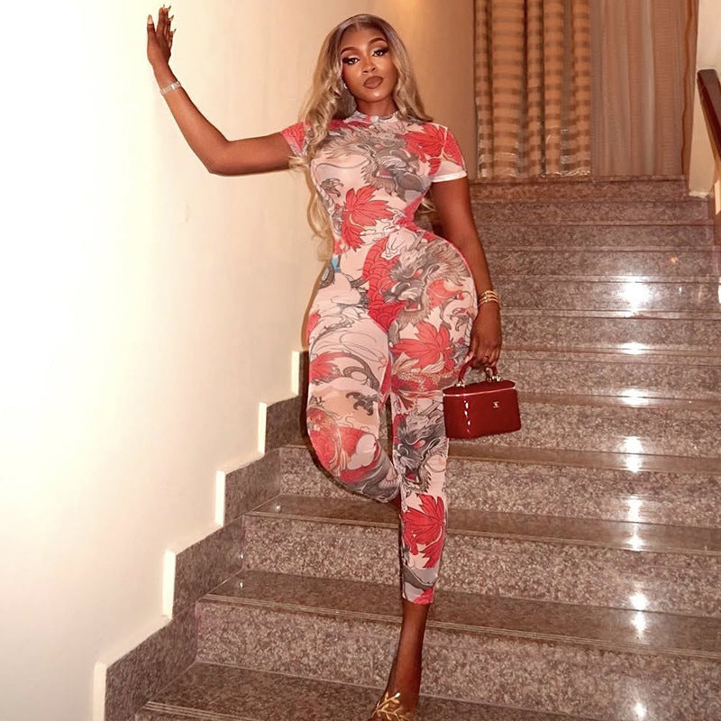 European and American Style Personality Women's Floral Print Pattern Jumpsuit Slim Fit Waist-Cinching Long Jumpsuit Trendy