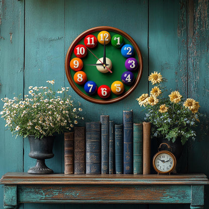 Non-Electric 2D Flat Billiard Theme Wooden Round Wall Clock, Farmhouse Style Home Decor, Suitable for Kitchen, Bedroom, Office, No Ticking Sound, Battery Not Included, St. Patrick's Day Mother's Day Gift, 9.8x9.8 Inches, 2D F