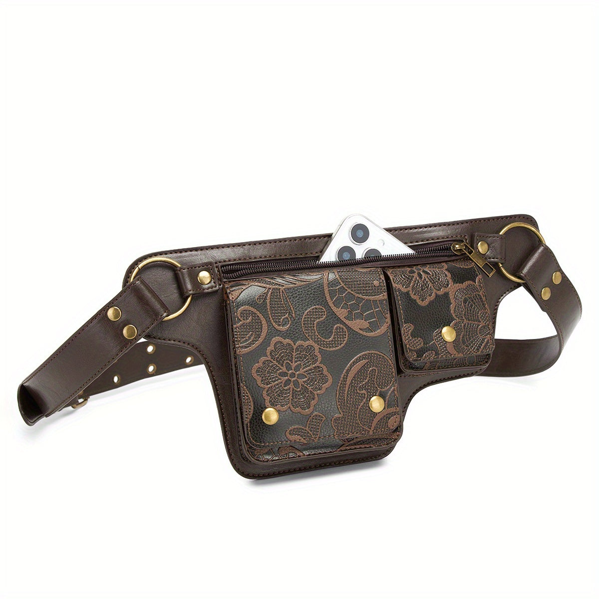 Convertible Crossbody Purse - Women's Adjustable Waist Bag with Floral Pattern - Zipper Closure & Snap Button - Synthetic Faux Leather Belt Bag for Everyday, Formal, Travel - Coffee Brown/Black, Crossbody Purse, Everyday Acce