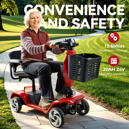 HOMYKING Red Travel-Friendly HOMYKING Foldable 4-Wheel Electric Scooter, 250W Power + Dual Suspension, 15 Miles Range + Front Brake, Detachable Basket + Front Light, For Adults/Elders, 265lbs Capacity
