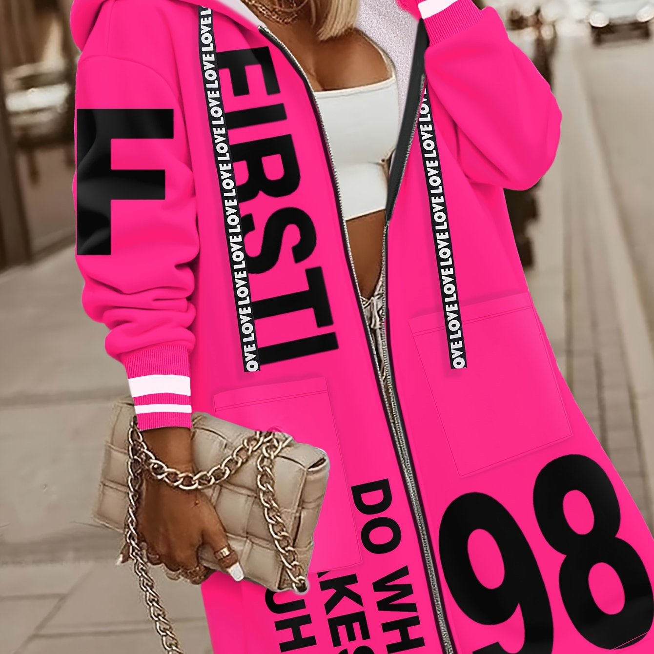 Women's Winter Hooded Jacket with 'LOVE' Lettering & -1 Zippered Coat, Striped Cuff & Pocket Design, Casual Warm Outerwear for Fall/Winter, (Machine Washable) - Everyday Outer Layer, Sweater-like Blazer Style