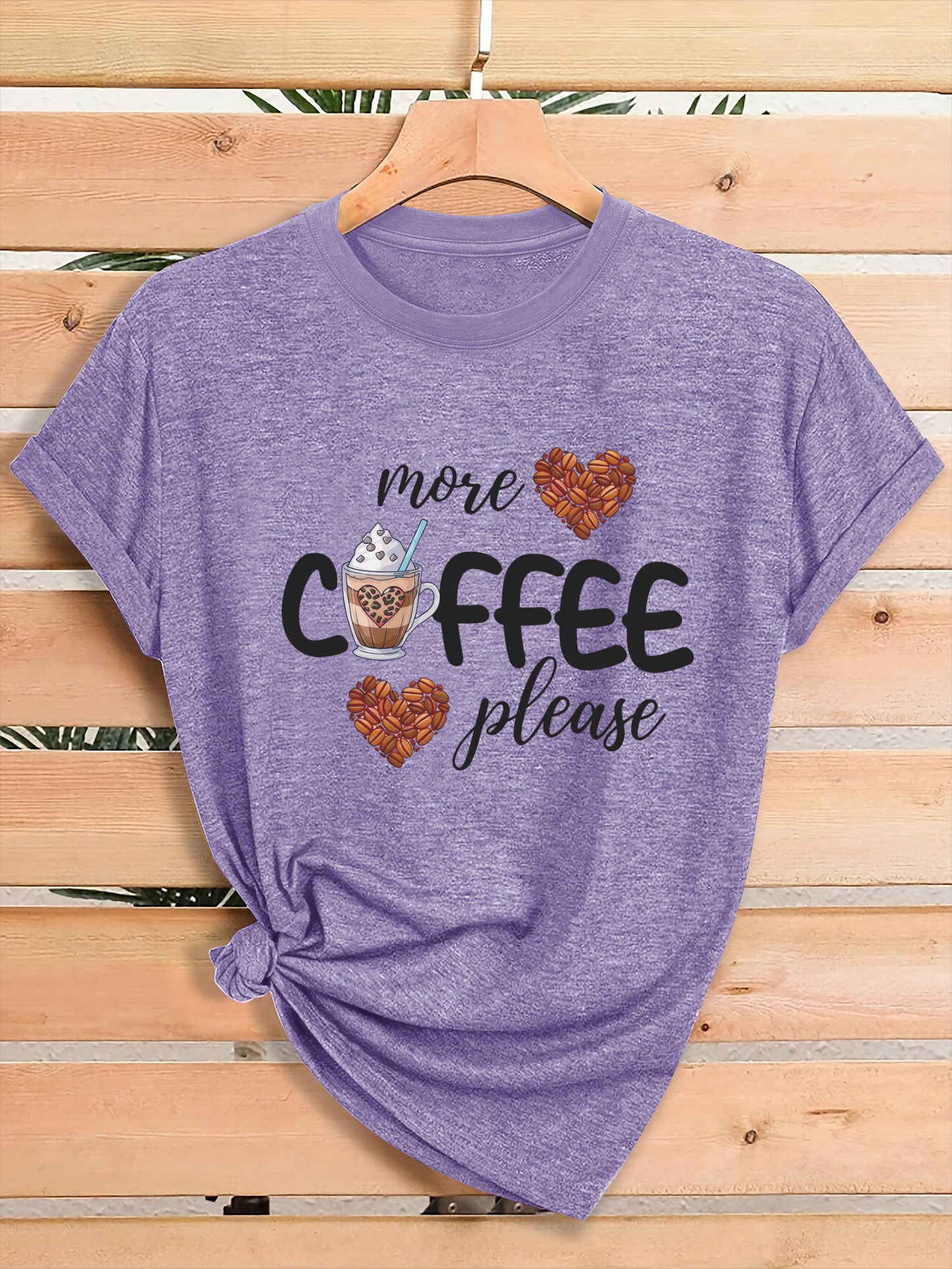 Women'S Coffee Lover Graphic T-Shirt - "More COFFEE Please" Print with Coffee Beans & Heart Eyes - Soft Stretch Round Neck Casual Streetwear Top for Gym, Casual Attire & Coffee Shop Outfits - All-Season Comfort Fit Tee, Coffe