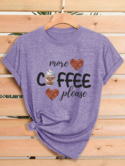 Women'S Coffee Lover Graphic T-Shirt - "More COFFEE Please" Print with Coffee Beans & Heart Eyes - Soft Stretch Round Neck Casual Streetwear Top for Gym, Casual Attire & Coffee Shop Outfits - All-Season Comfort Fit Tee, Coffe