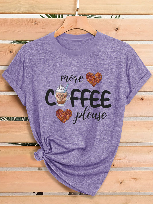 Women'S Coffee Lover Graphic T-Shirt - "More COFFEE Please" Print with Coffee Beans & Heart Eyes - Soft Stretch Round Neck Casual Streetwear Top for Gym, Casual Attire & Coffee Shop Outfits - All-Season Comfort Fit Tee, Coffe