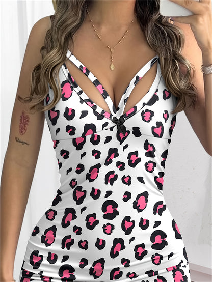 Heart Plaid Print Spaghetti Strap V Neck Slim Fit Slit Sleepwear