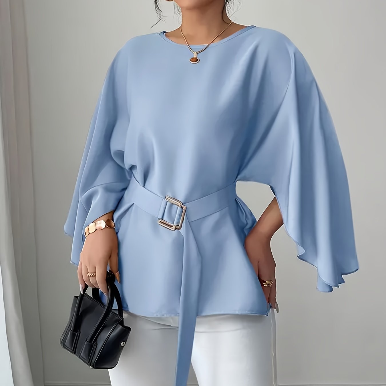 Women'S Elegant Three-Quarter Sleeve T-Shirt - Loose Fit Blouse with Waist Belt, Non-Transparent Fall/Winter Top for Everyday & Formal Outfits - Office, Party, Casual Chic Wardrobe Essential, Ladies T Shirts, Office Attire, S