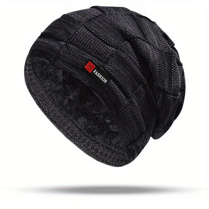 Men's Black Cable-Knit Winter Hat with Ear Flaps & Red Label-Like Patch - Soft Warm Beanie for Cold Weather, Durable Textile Material, Versatile for Sports & Everyday Use - Ideal Gift for Men (Hand Wash/Dry Clean)