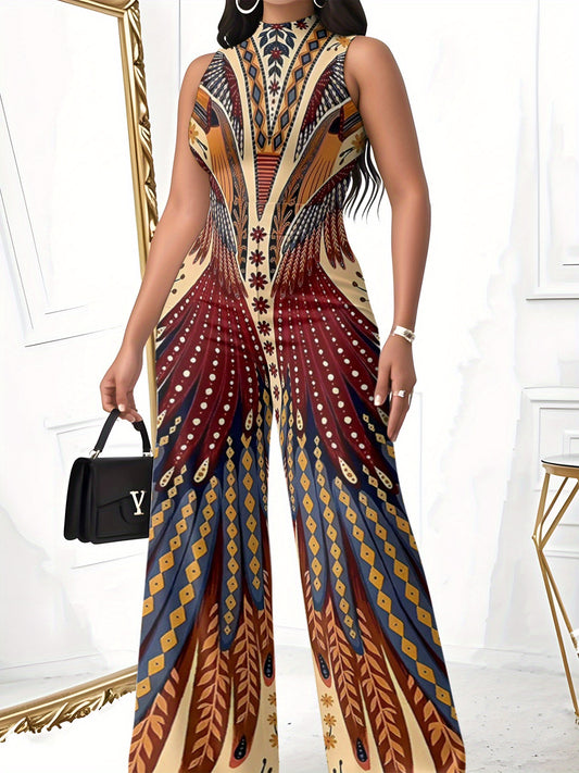 A Stylish Women'S Jumpsuit Featuring a Vibrant Print, Designed to Be Form-Fitting And Alluring, Made from a Light And Comfy Fabric, Perfect for Beach Trips, Summer Getaways, And Casual Outdoor