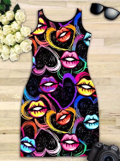 Suitable for Summer, Lip Heart Sweet Whisper: Graffiti Style Tight Dress, Charming Versatile Tight Dress, Machine Washable