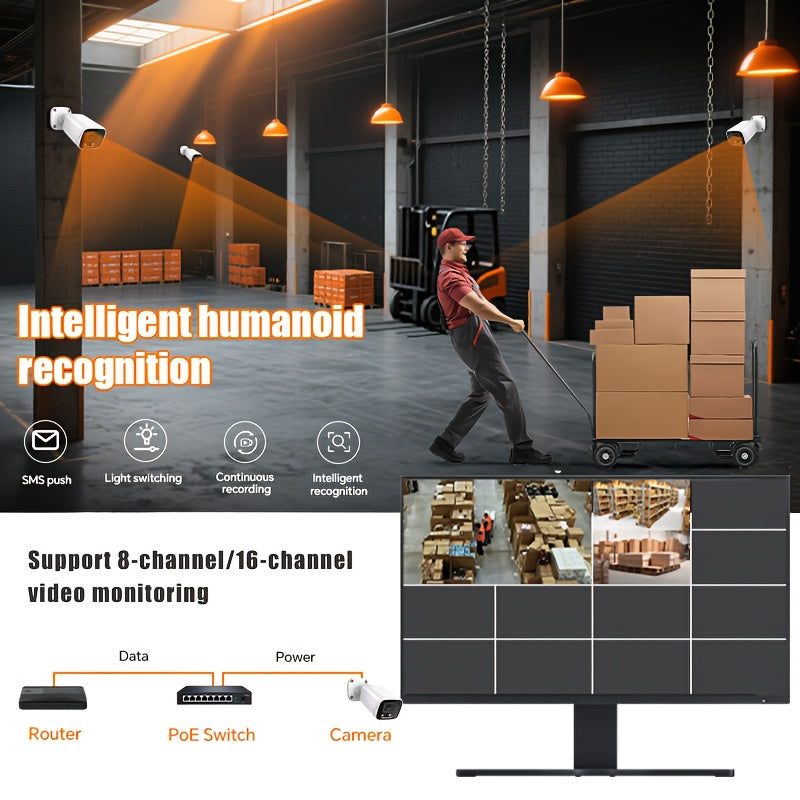 POE gun camera, 8-megapixel camera, full-color night vision, human body detection and one-way audio, outdoor video surveillance camera, RTSP/108°/2.8/mm, IP67 metal shell camera, wired network port connected to NVR, Christma