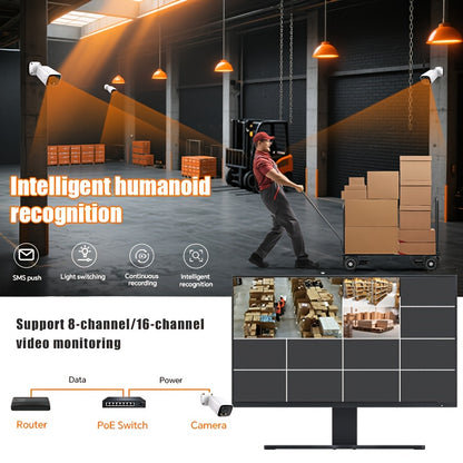 POE gun camera, 8-megapixel camera, full-color night vision, human body detection and one-way audio, outdoor video surveillance camera, RTSP/108°/2.8/mm, IP67 metal shell camera, wired network port connected to NVR, Christma