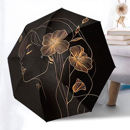 Women'S Automatic Open/Close Umbrella - Elegant Black & Golden Floral design, Compact Folding Umbrella with Minimalist Line Art Profile, Travel, Everyday, Formal Events - Ideal Gift for Women, Outdoor Accessory, Stylish Acces