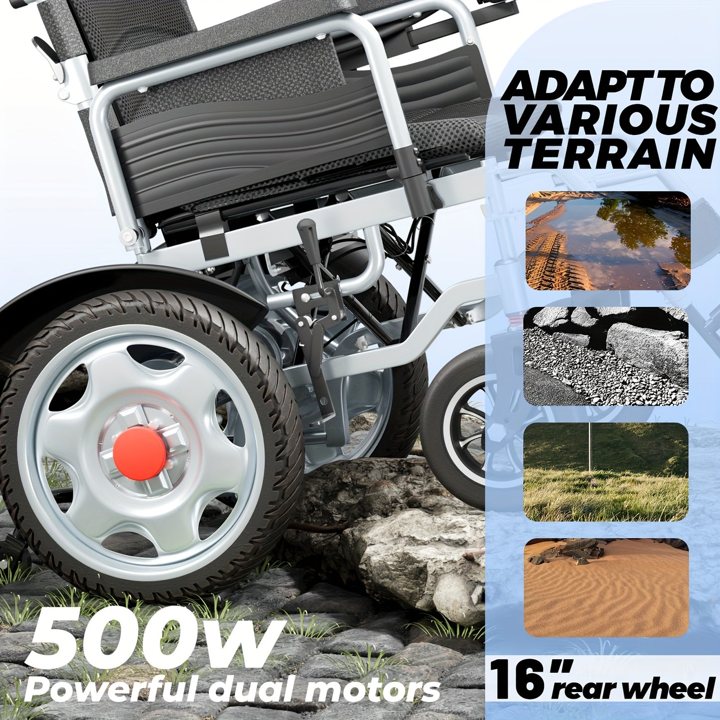 Foldable Electric Wheelchair Ldeal For Elderly, Made For AdultMobility Difficulties, 24V Lead - Acid Battery, Electromagnetic Brake System For Smooth Slope Stopping, 12 - Inch Solid Tires For All Terrains, 15km Range For Regu